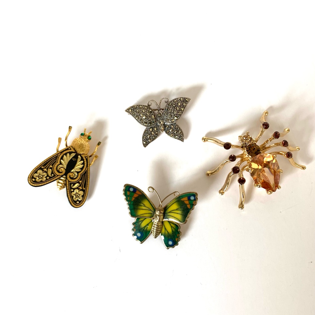 4 Vtg Butterfly Bug Insect Pin Brooches Sterling Silver Damascene Rhinestone Euc